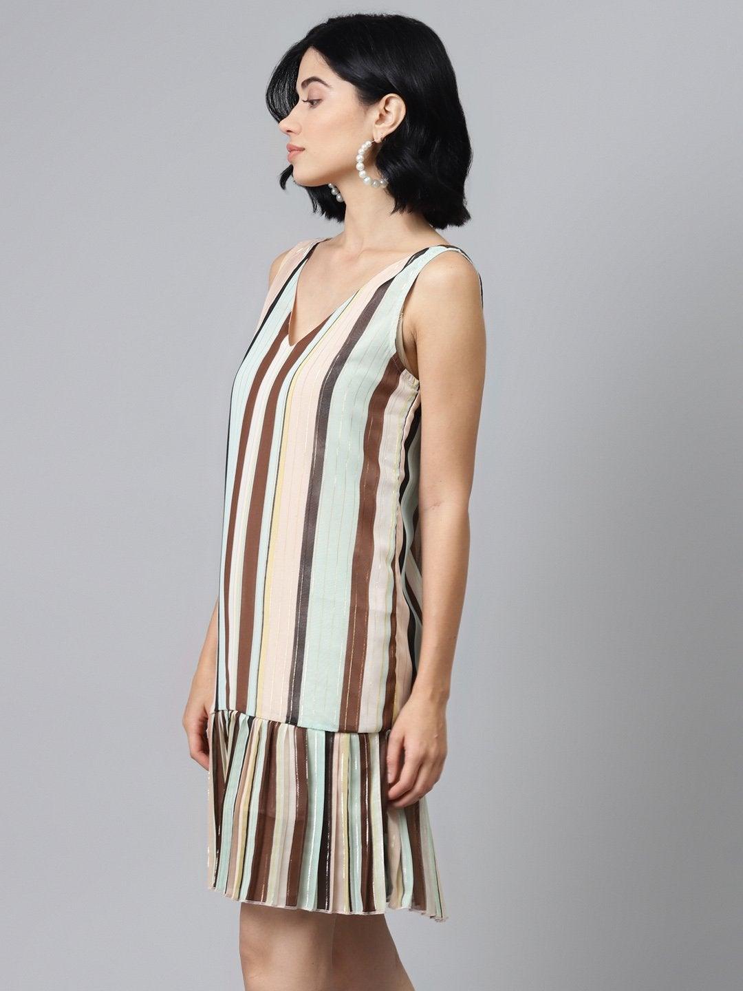 Women's Multi Striped Lurex Pleated Dress - SASSAFRAS - Indiakreations