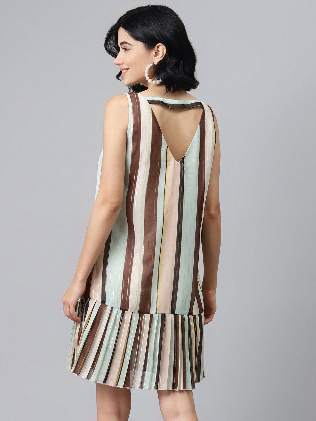 Women's Multi Striped Lurex Pleated Dress - SASSAFRAS - Indiakreations