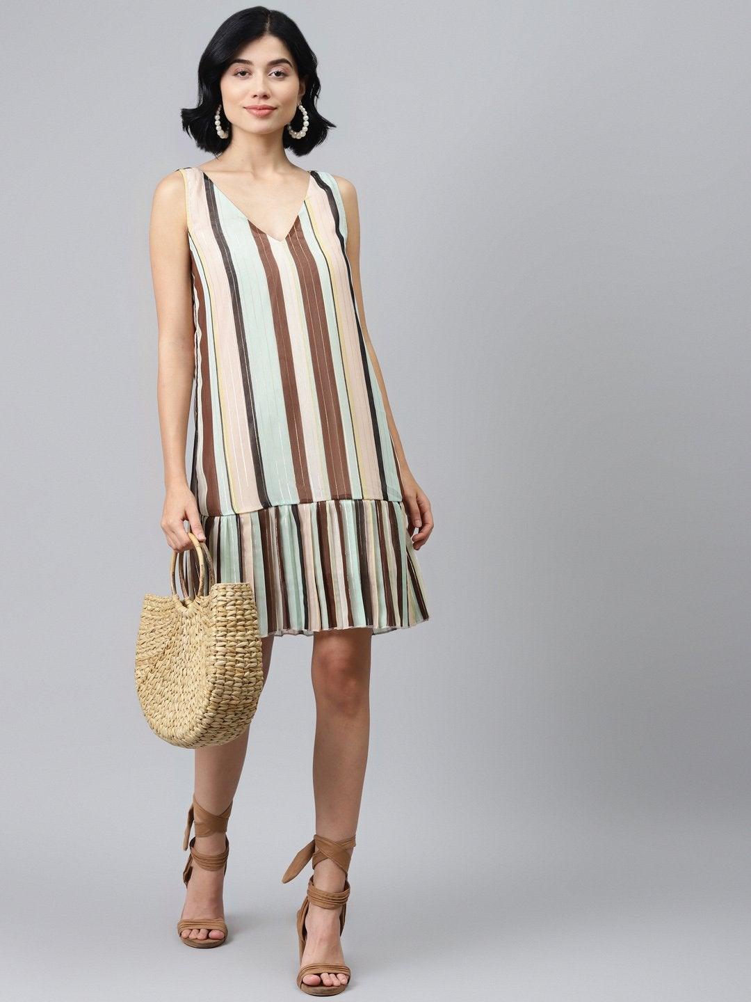 Women's Multi Striped Lurex Pleated Dress - SASSAFRAS - Indiakreations