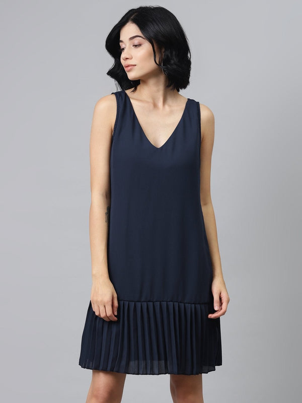 Women's Navy Pleated Frill Hem Dress - SASSAFRAS