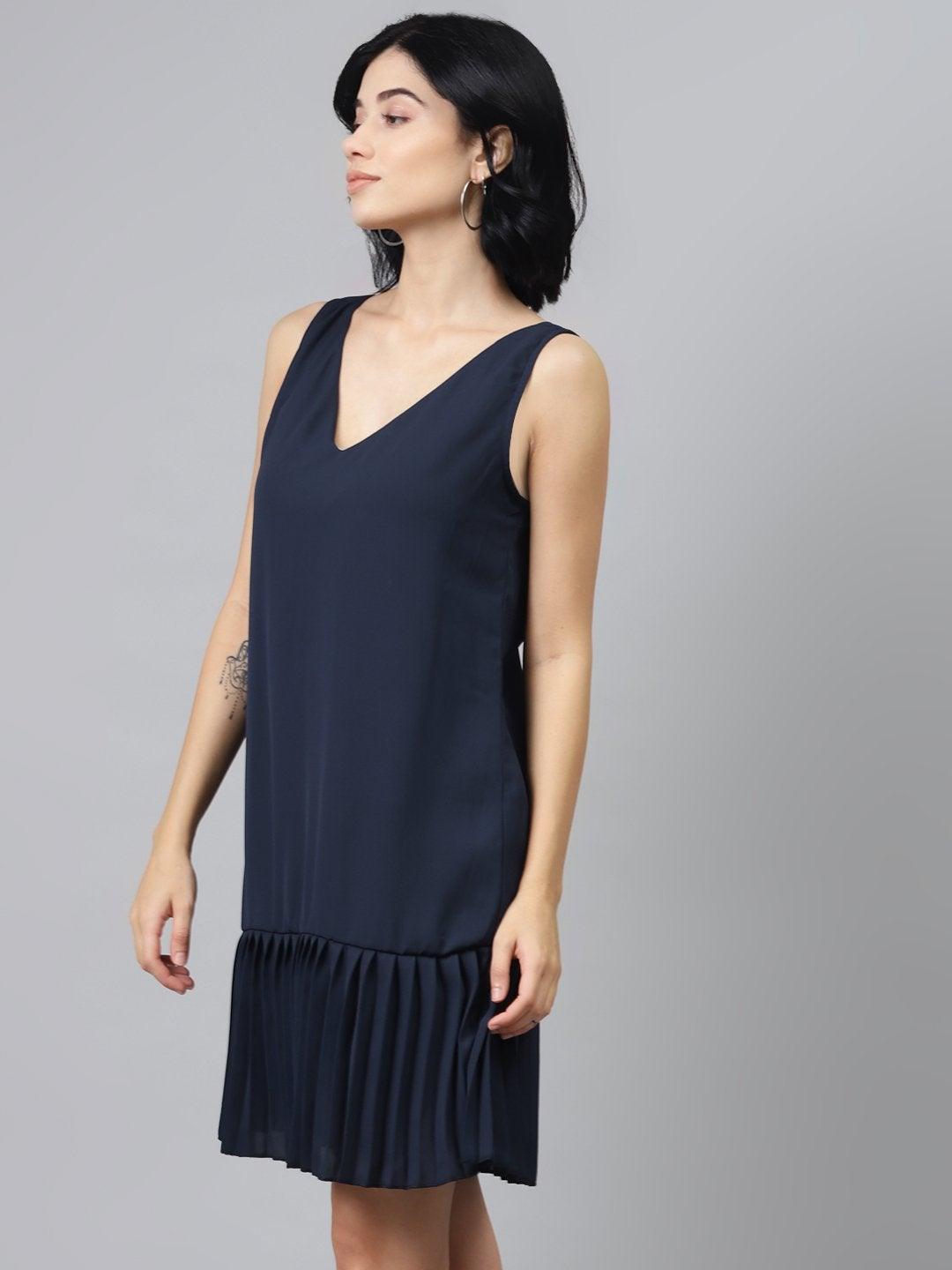 Women's Navy Pleated Frill Hem Dress - SASSAFRAS - Indiakreations