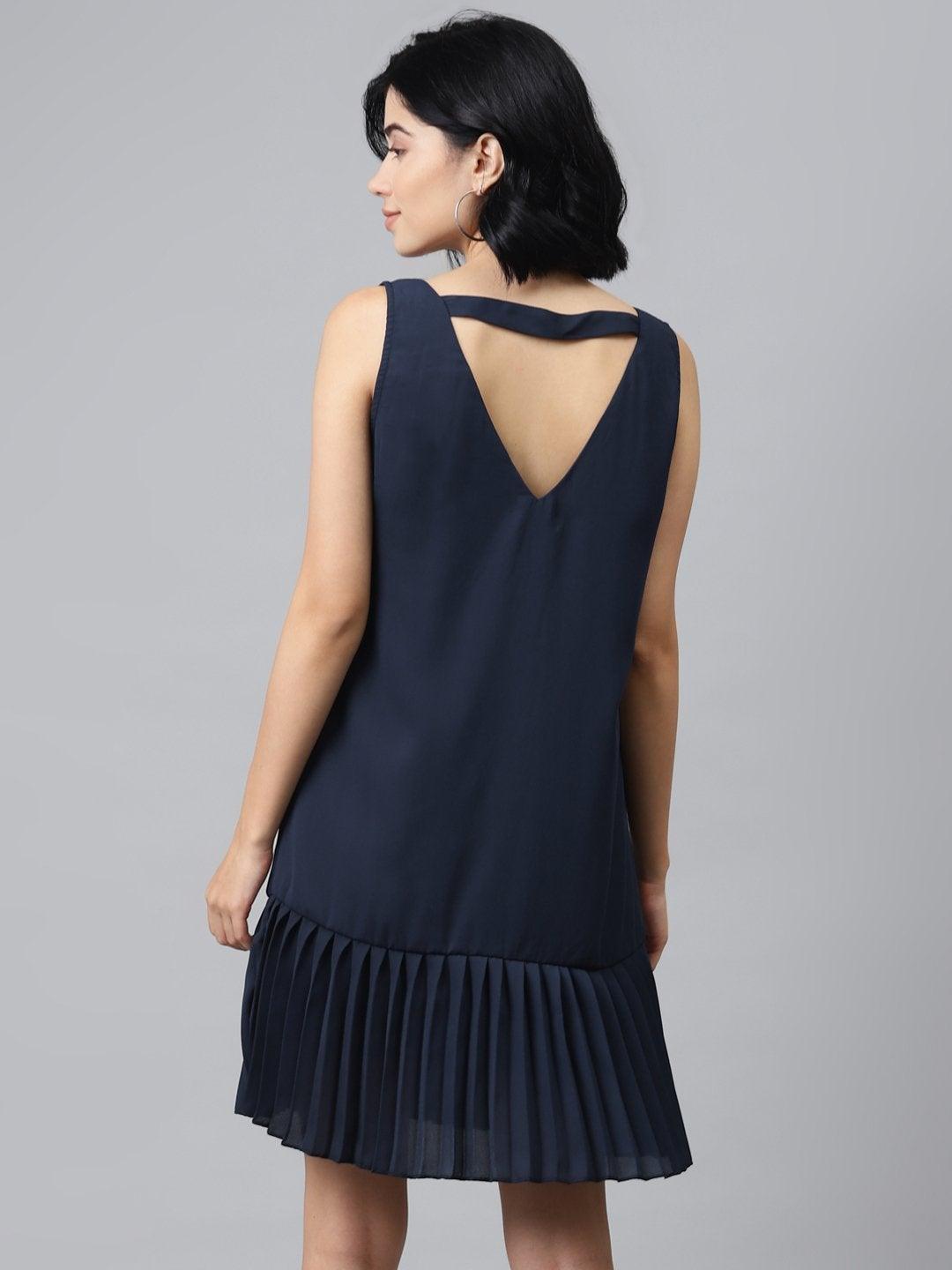 Women's Navy Pleated Frill Hem Dress - SASSAFRAS - Indiakreations