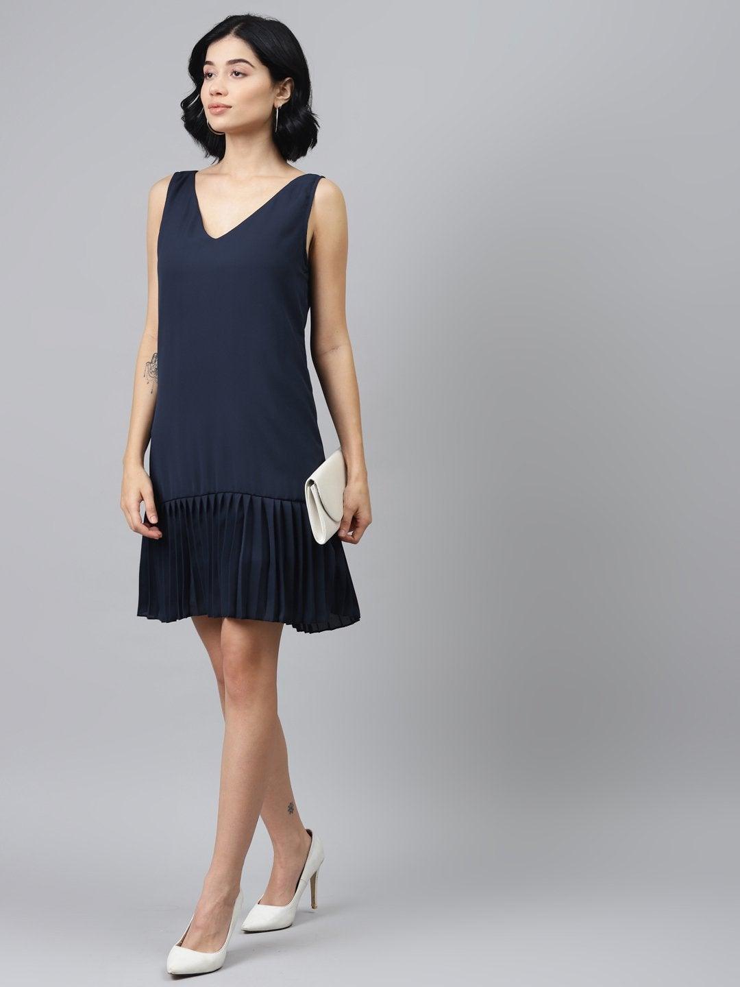 Women's Navy Pleated Frill Hem Dress - SASSAFRAS - Indiakreations