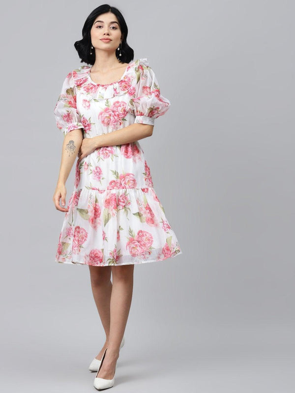 Women's White Floral Puff Sleeve Tiered Dress - SASSAFRAS - Indiakreations