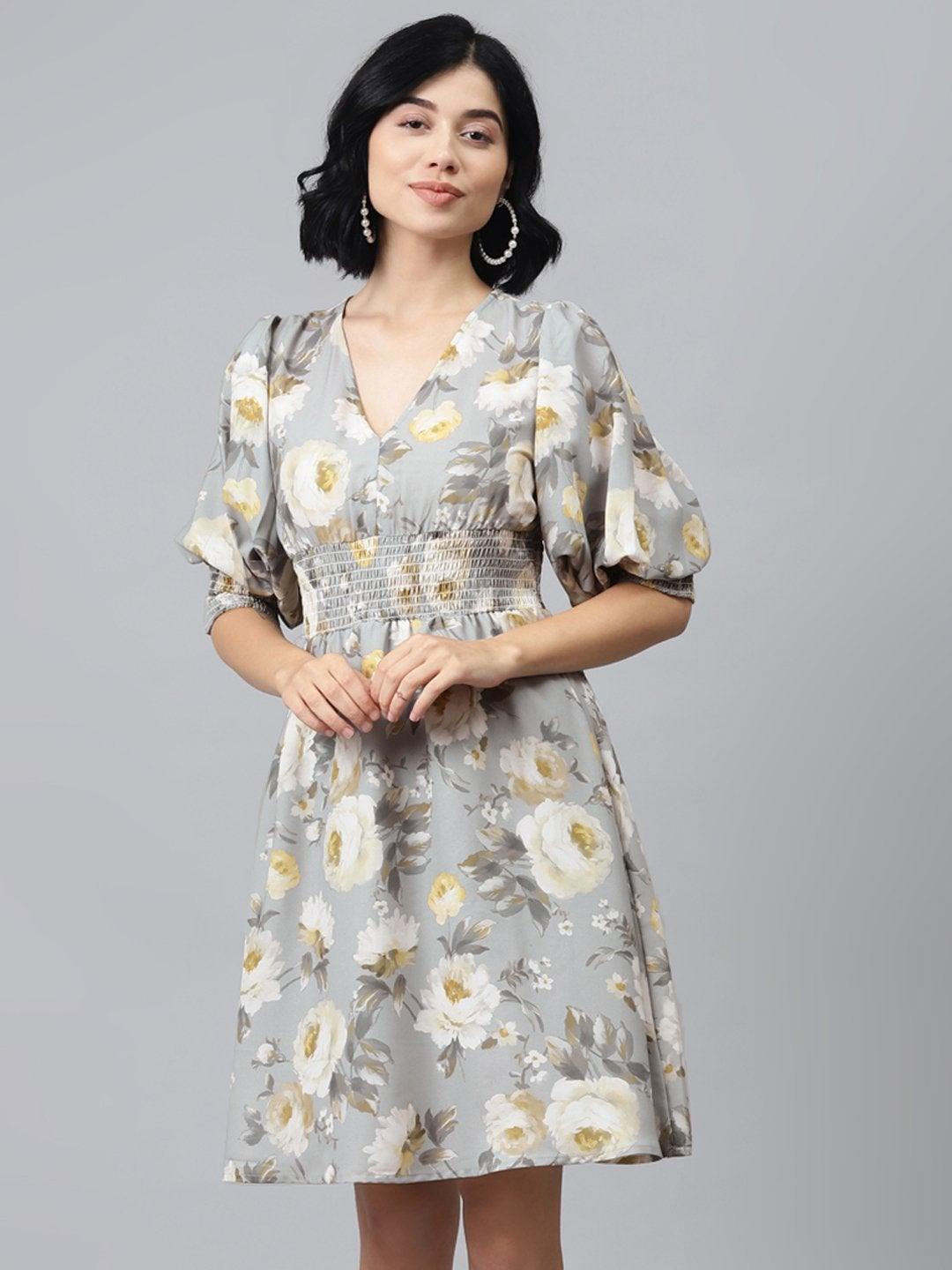 Women's Grey Floral Puff Sleeve Smocked Dress - SASSAFRAS - Indiakreations