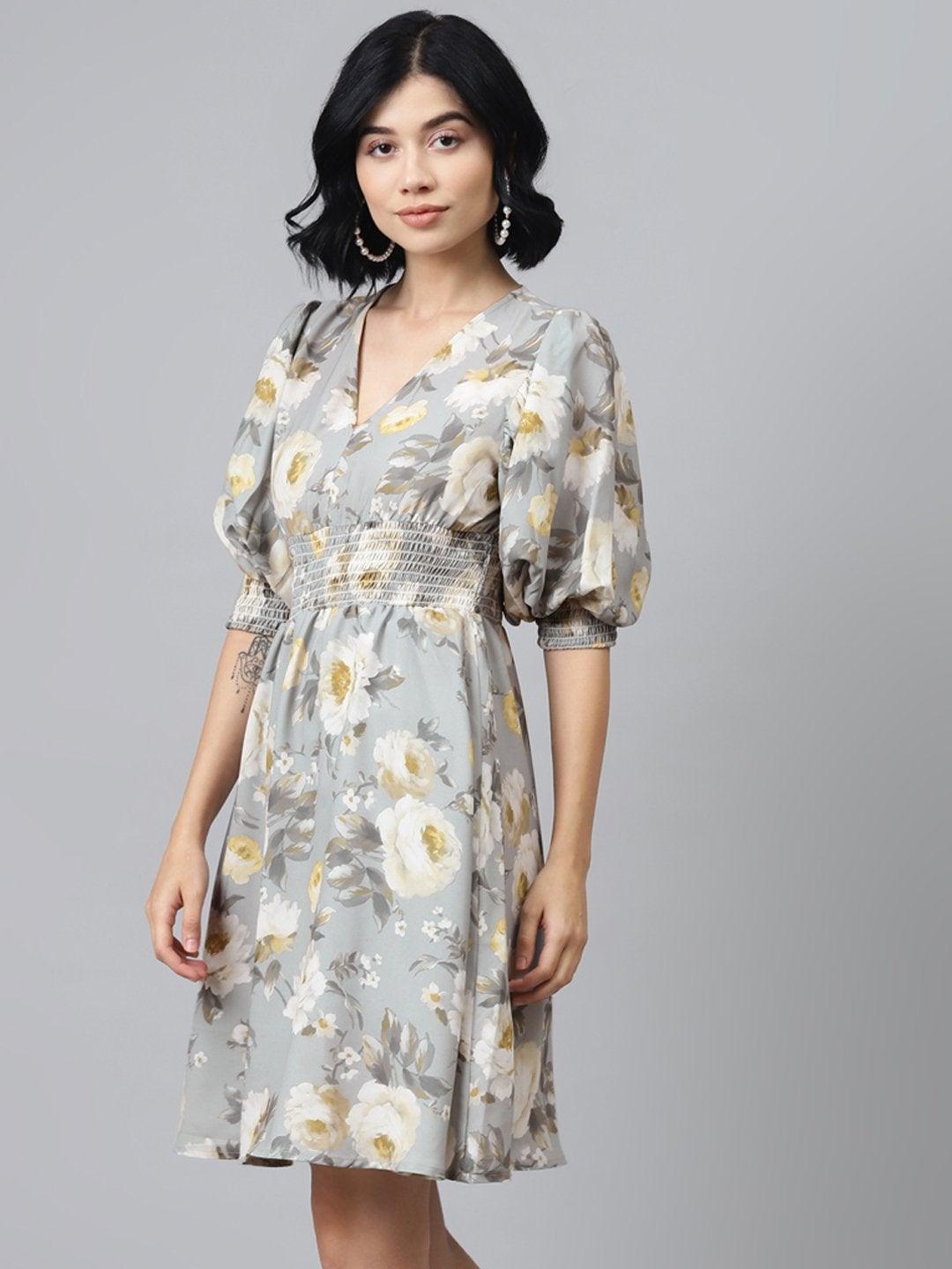 Women's Grey Floral Puff Sleeve Smocked Dress - SASSAFRAS - Indiakreations