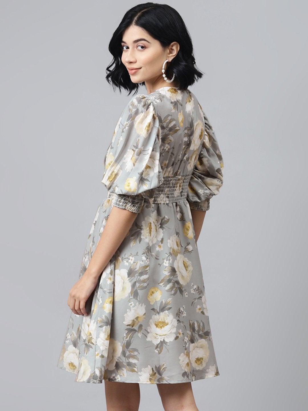 Women's Grey Floral Puff Sleeve Smocked Dress - SASSAFRAS - Indiakreations