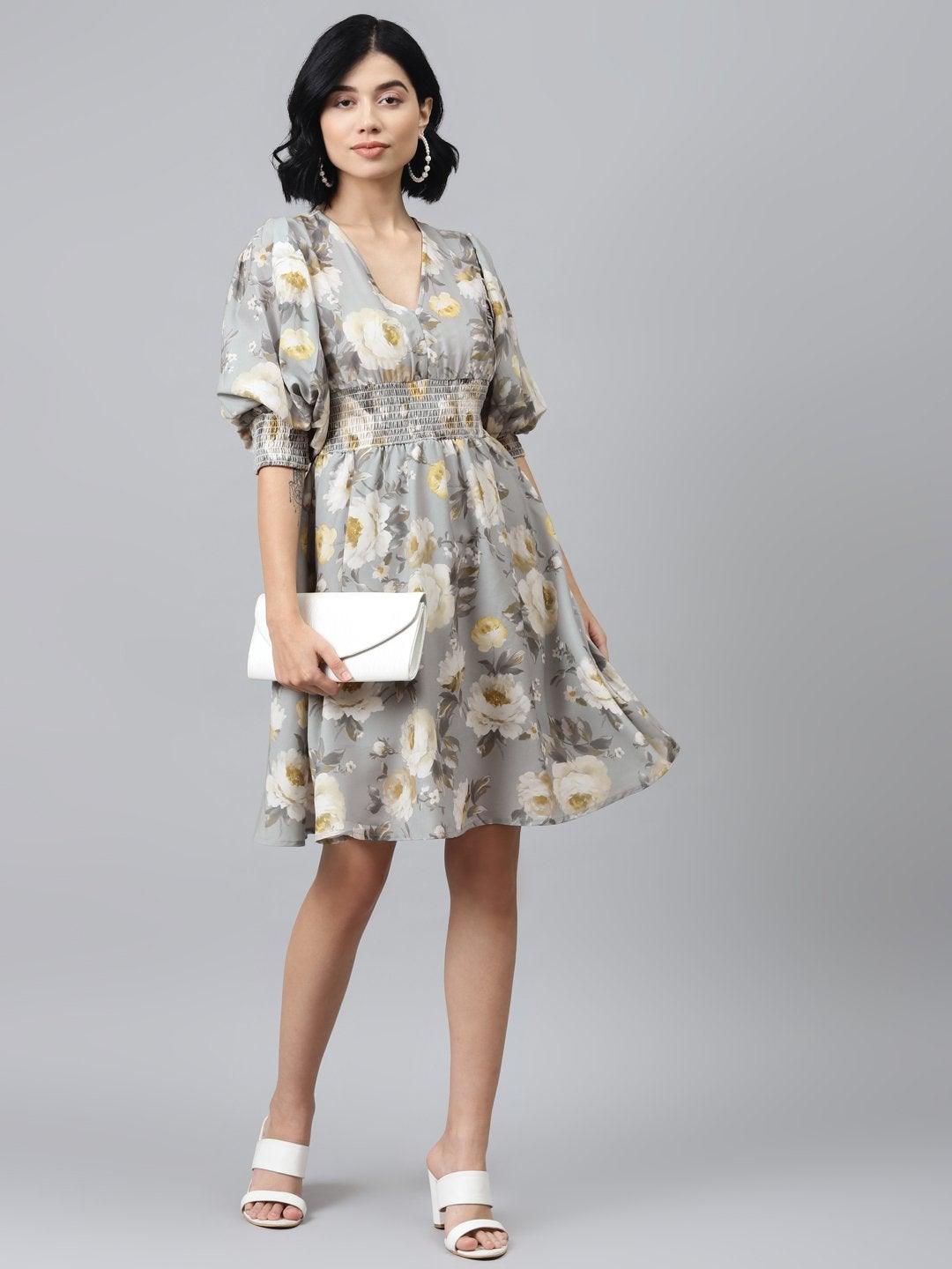 Women's Grey Floral Puff Sleeve Smocked Dress - SASSAFRAS - Indiakreations