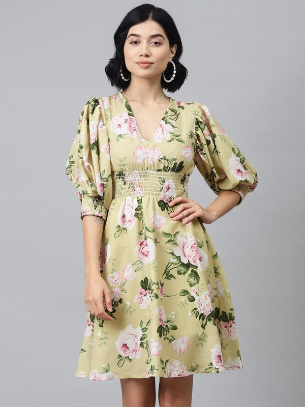 Women's Mint Green Floral Puff Sleeve Smocked Dress - SASSAFRAS