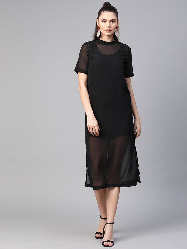 Women's Black Sheer Sheath Dress With Inner - SASSAFRAS