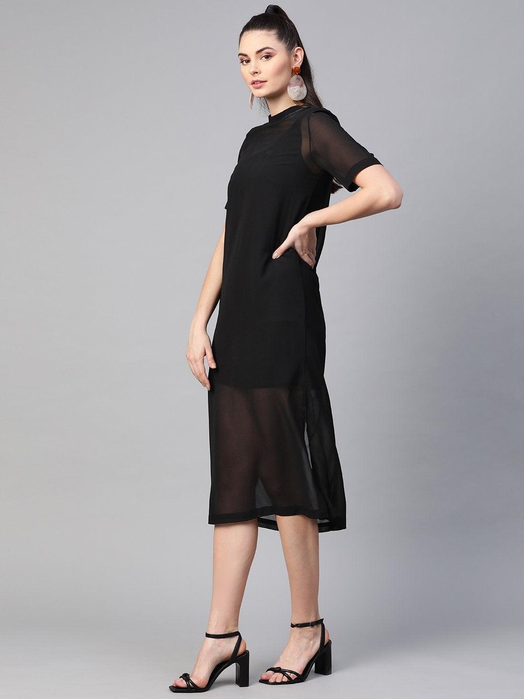 Women's Black Sheer Sheath Dress With Inner - SASSAFRAS - Indiakreations