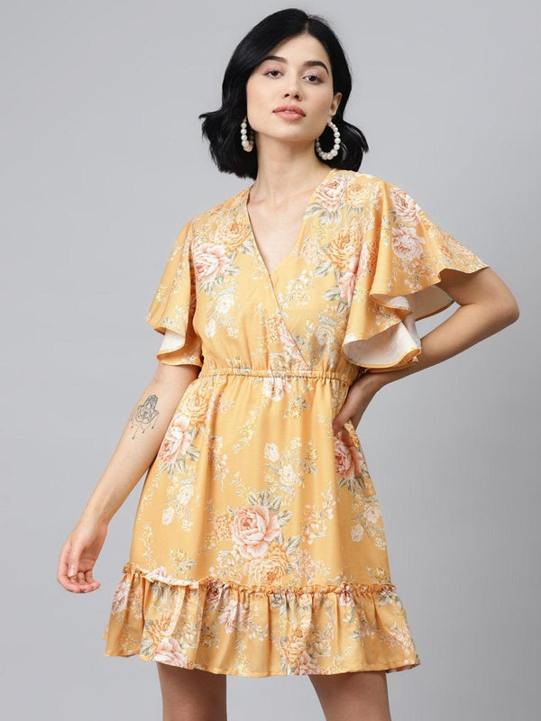 Women's Mustard Floral Wrap Fit & Flare Dress - SASSAFRAS - Indiakreations