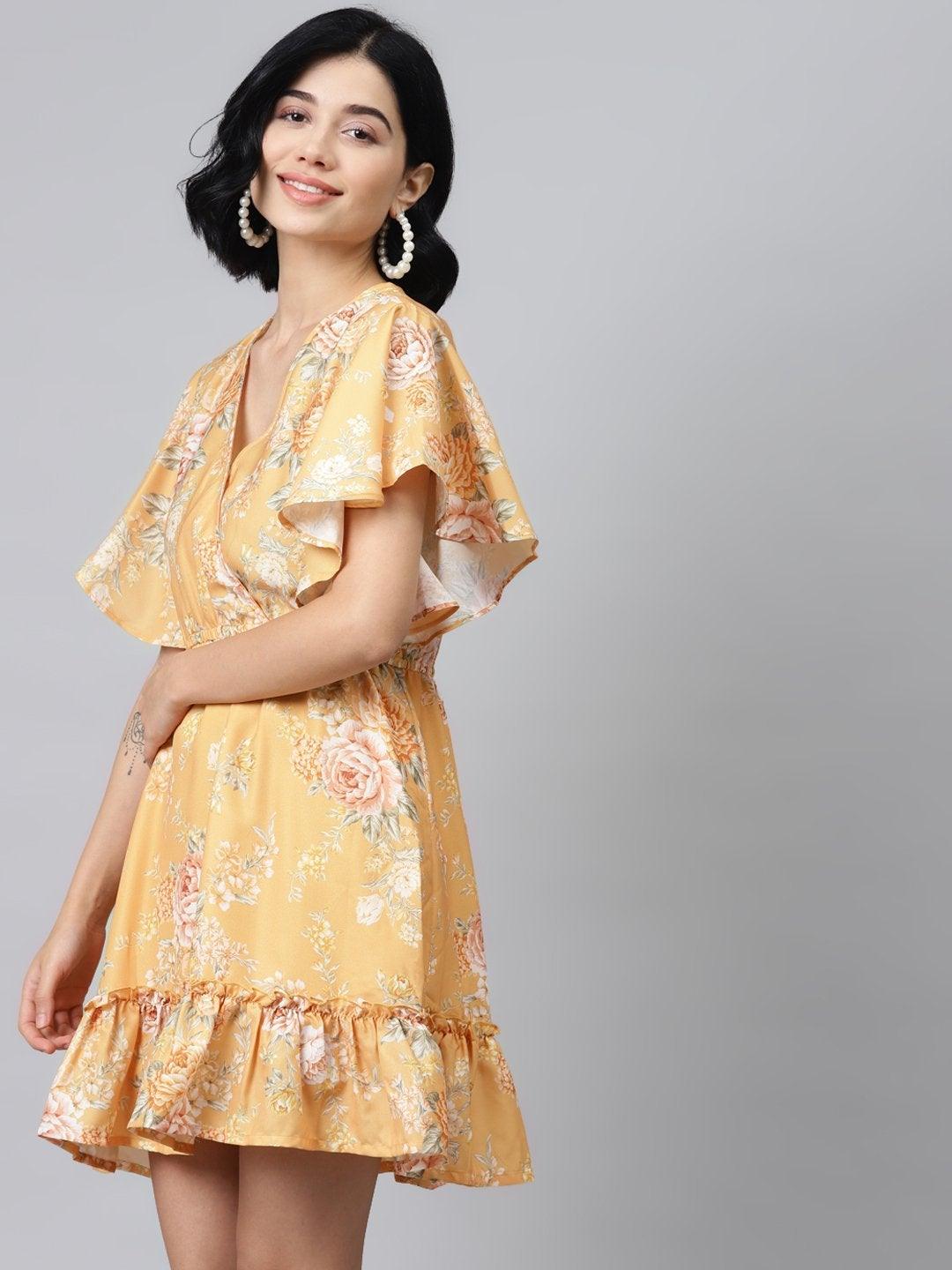 Women's Mustard Floral Wrap Fit & Flare Dress - SASSAFRAS - Indiakreations