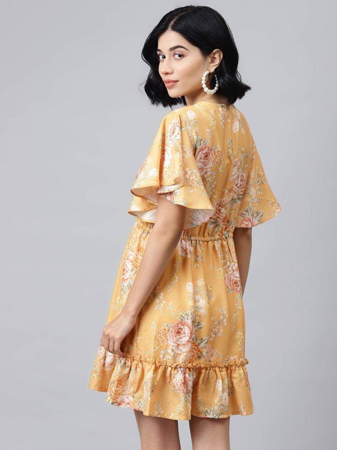 Women's Mustard Floral Wrap Fit & Flare Dress - SASSAFRAS - Indiakreations