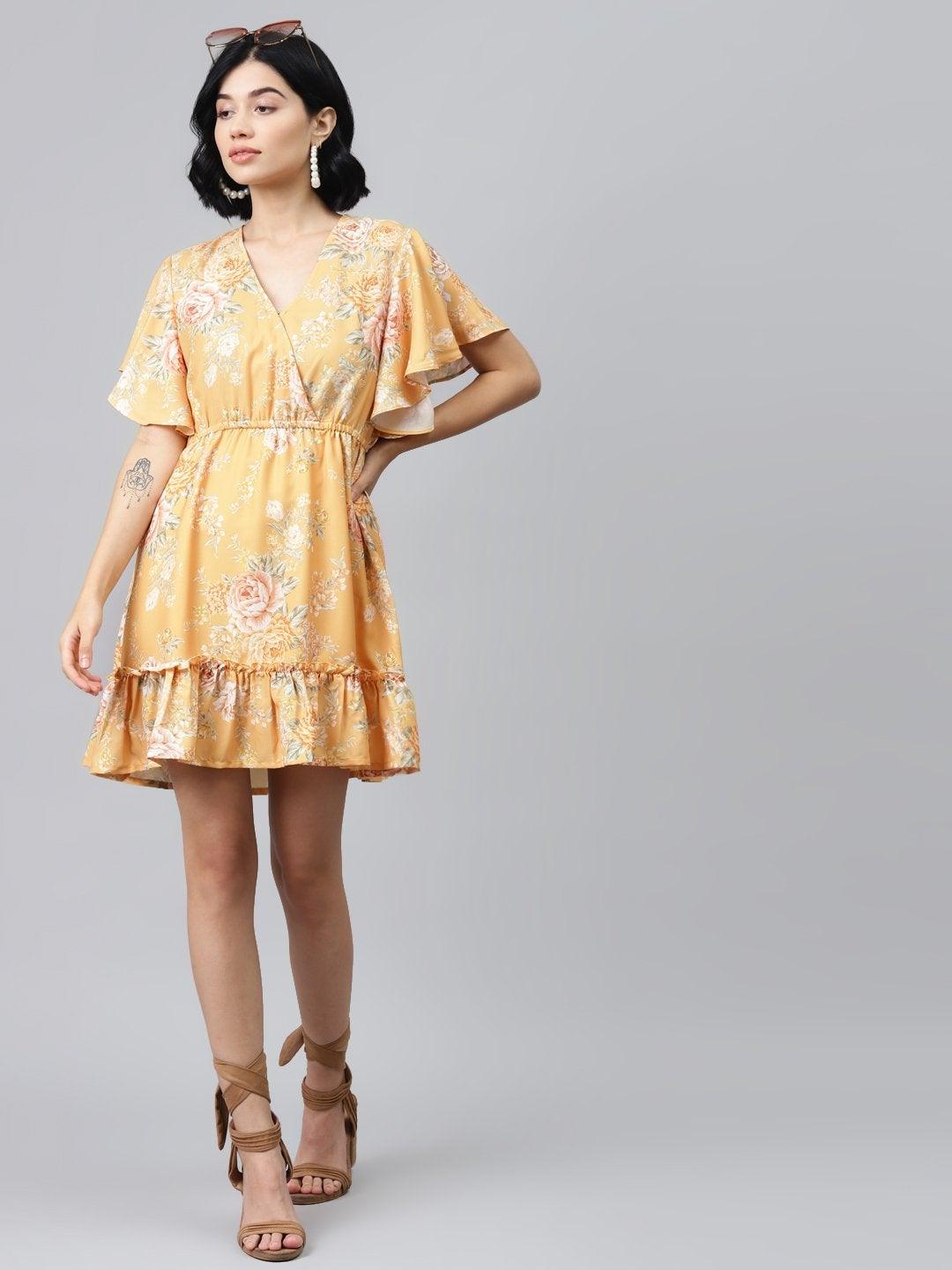 Women's Mustard Floral Wrap Fit & Flare Dress - SASSAFRAS - Indiakreations