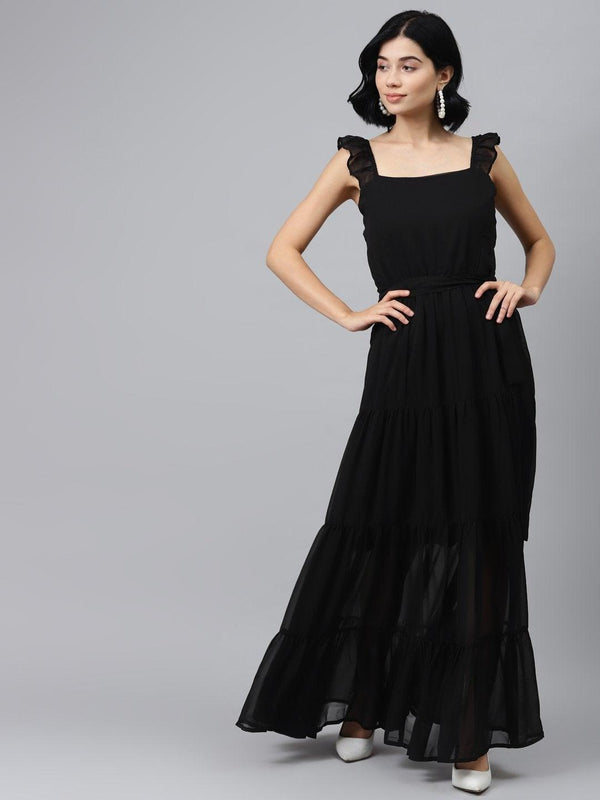 Women's Black Frilly Straps Tiered Maxi Dress - SASSAFRAS - Indiakreations