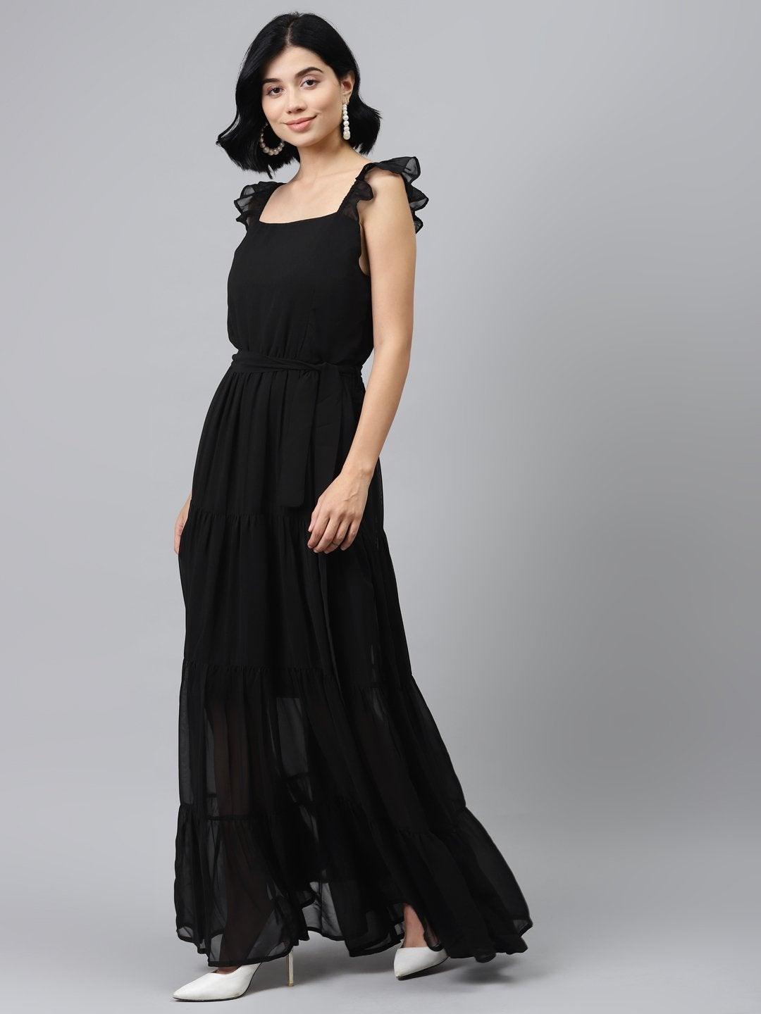 Women's Black Frilly Straps Tiered Maxi Dress - SASSAFRAS - Indiakreations