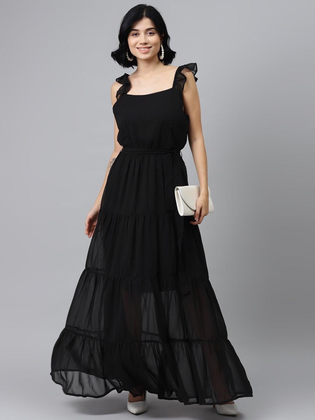 Women's Black Frilly Straps Tiered Maxi Dress - SASSAFRAS - Indiakreations