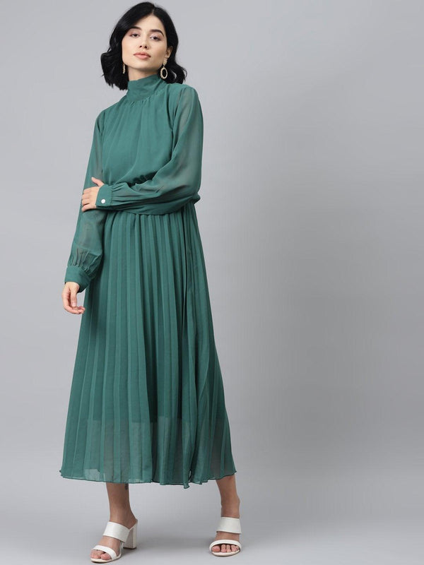 Women's Emerald Green Neck Tie-Up Pleated Dress - SASSAFRAS - Indiakreations