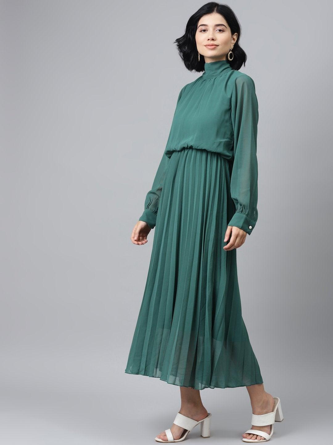 Women's Emerald Green Neck Tie-Up Pleated Dress - SASSAFRAS - Indiakreations