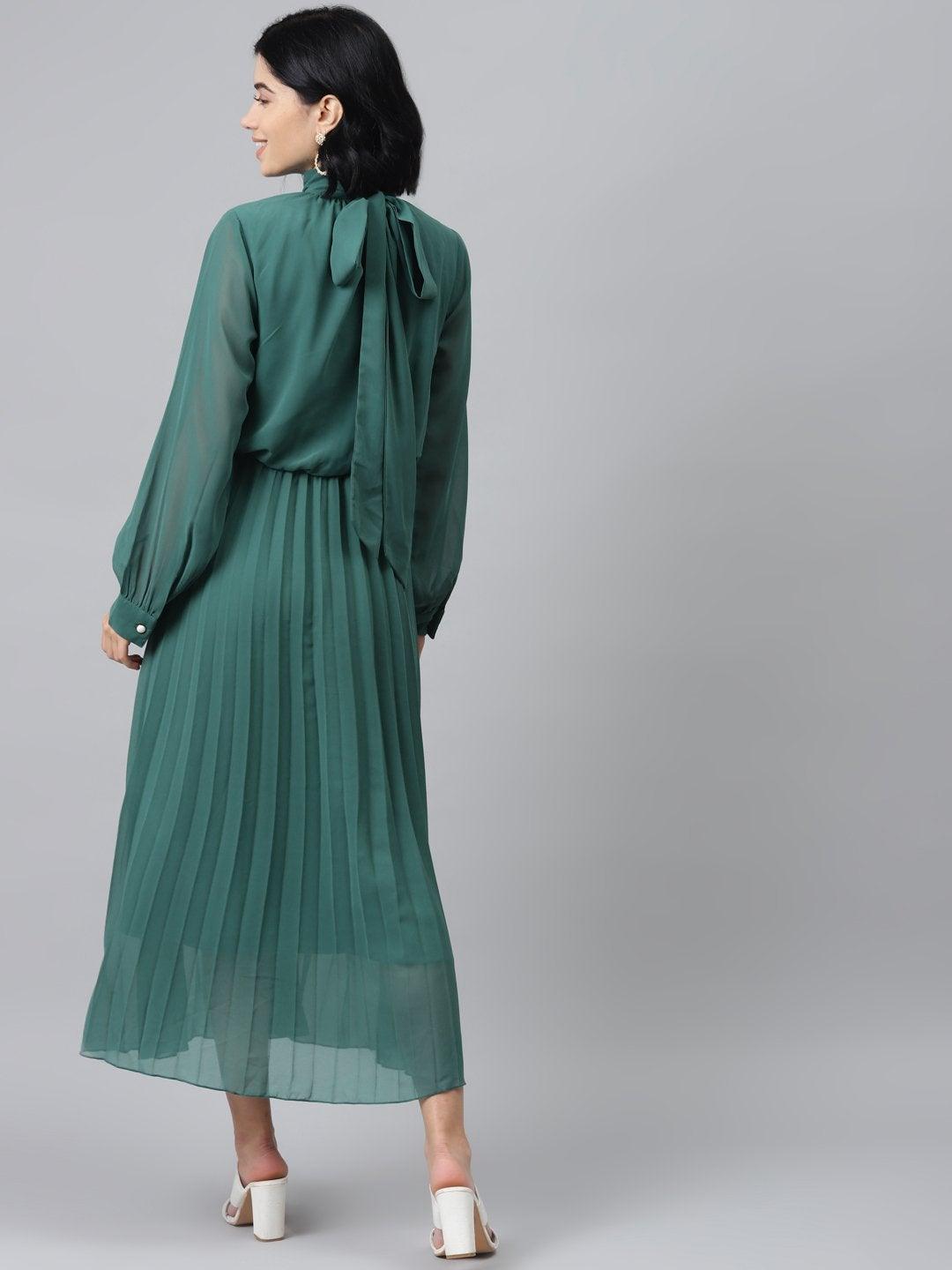 Women's Emerald Green Neck Tie-Up Pleated Dress - SASSAFRAS - Indiakreations