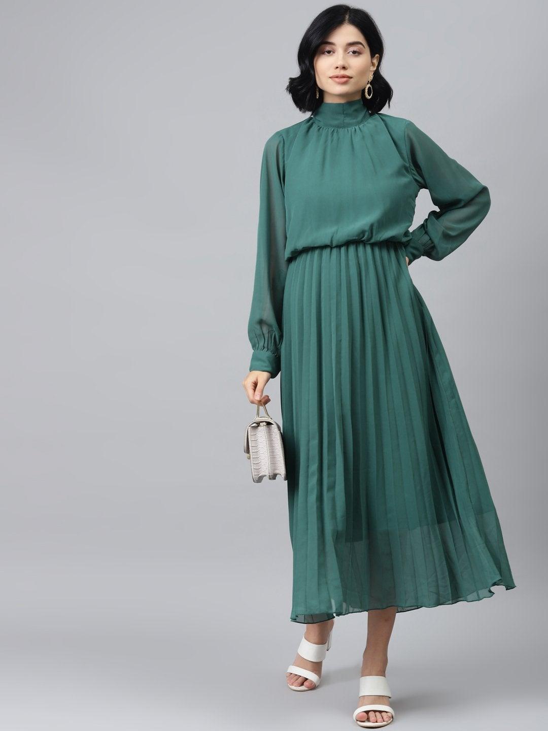 Women's Emerald Green Neck Tie-Up Pleated Dress - SASSAFRAS - Indiakreations