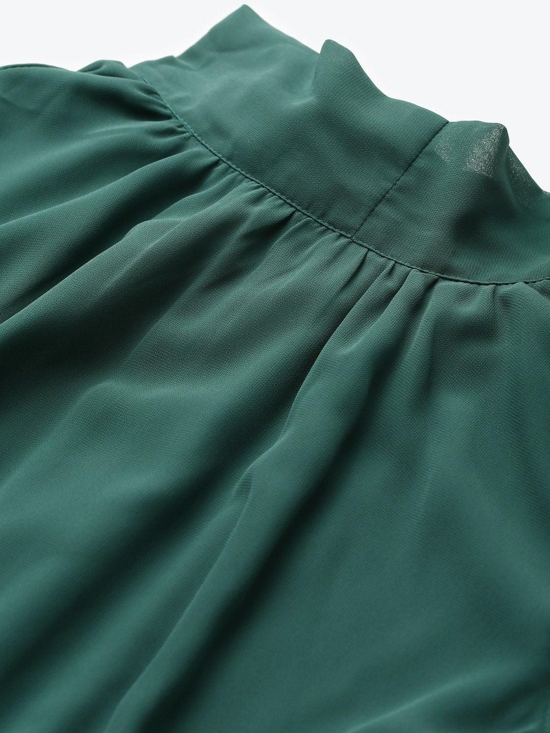 Women's Emerald Green Neck Tie-Up Pleated Dress - SASSAFRAS - Indiakreations