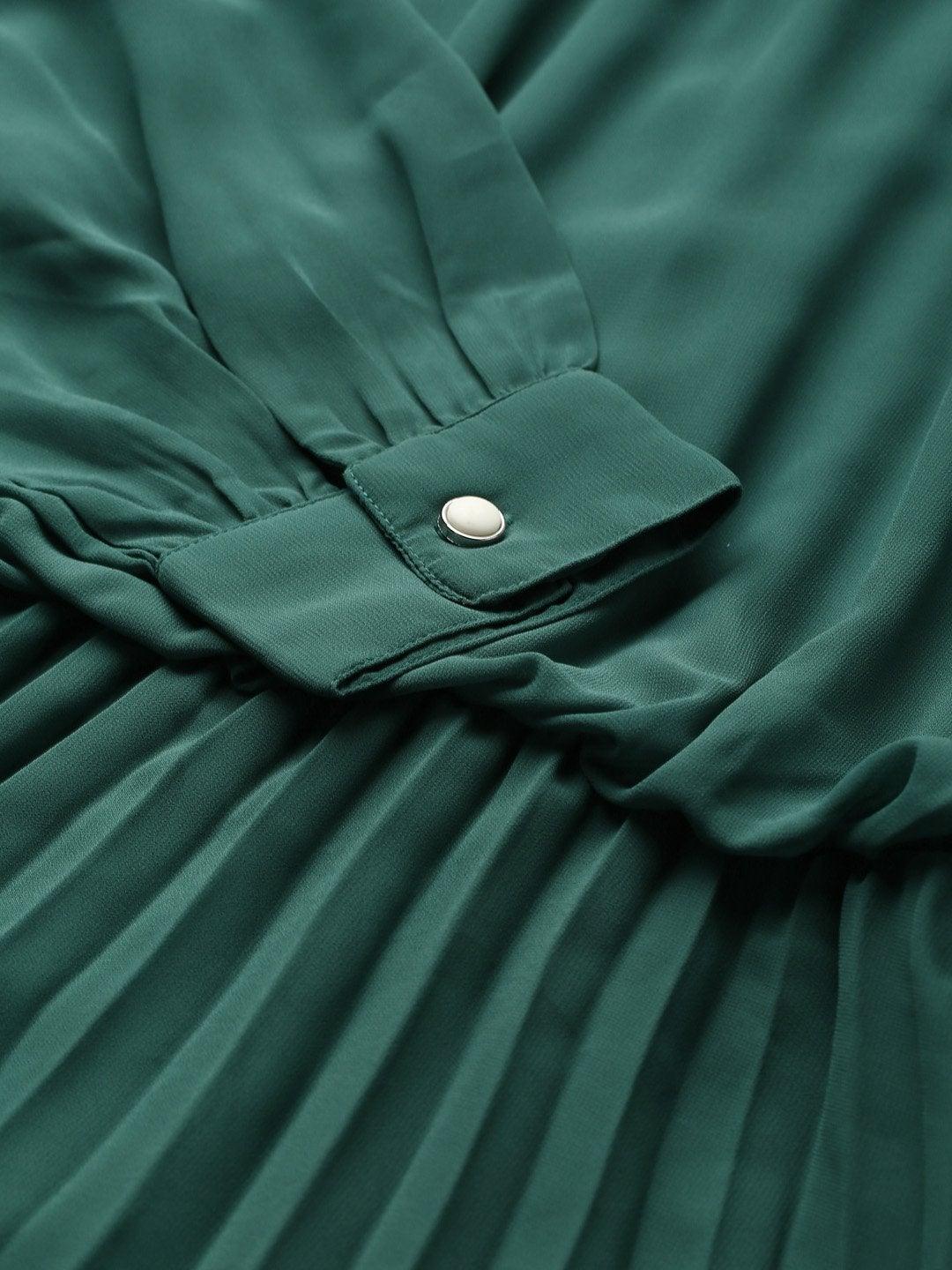 Women's Emerald Green Neck Tie-Up Pleated Dress - SASSAFRAS - Indiakreations