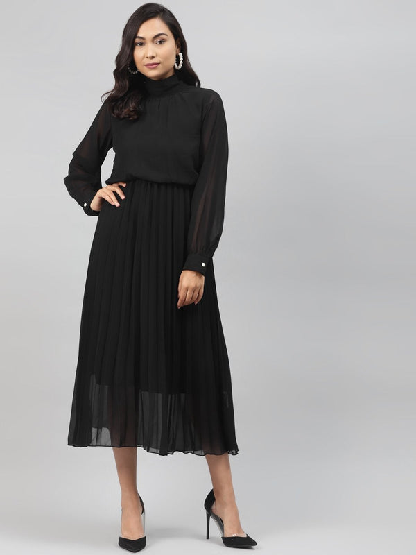 Women's Black Neck Tie-Up Pleated Dress - SASSAFRAS