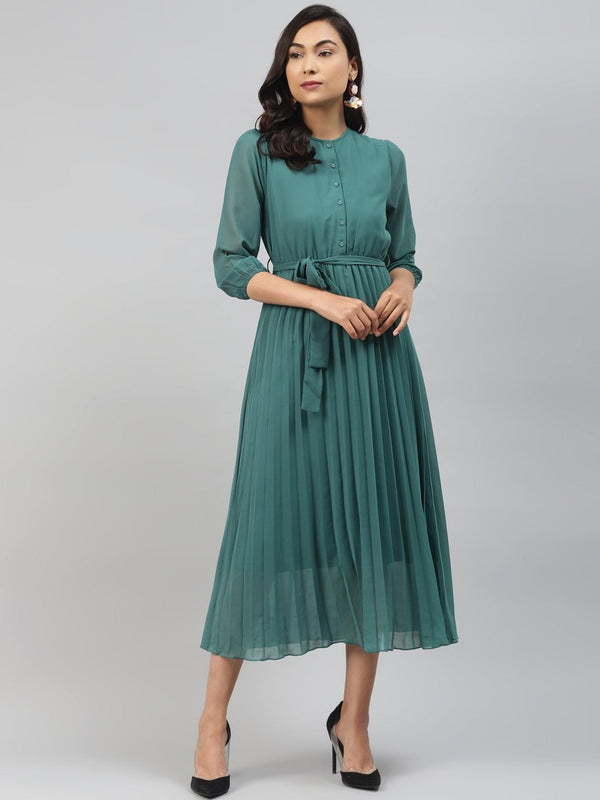 Women's Emerald Green Pleated Midi Dress - SASSAFRAS