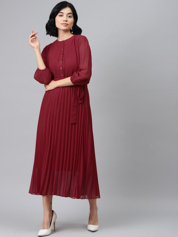 Women's Maroon Pleated Midi Dress - SASSAFRAS - Indiakreations