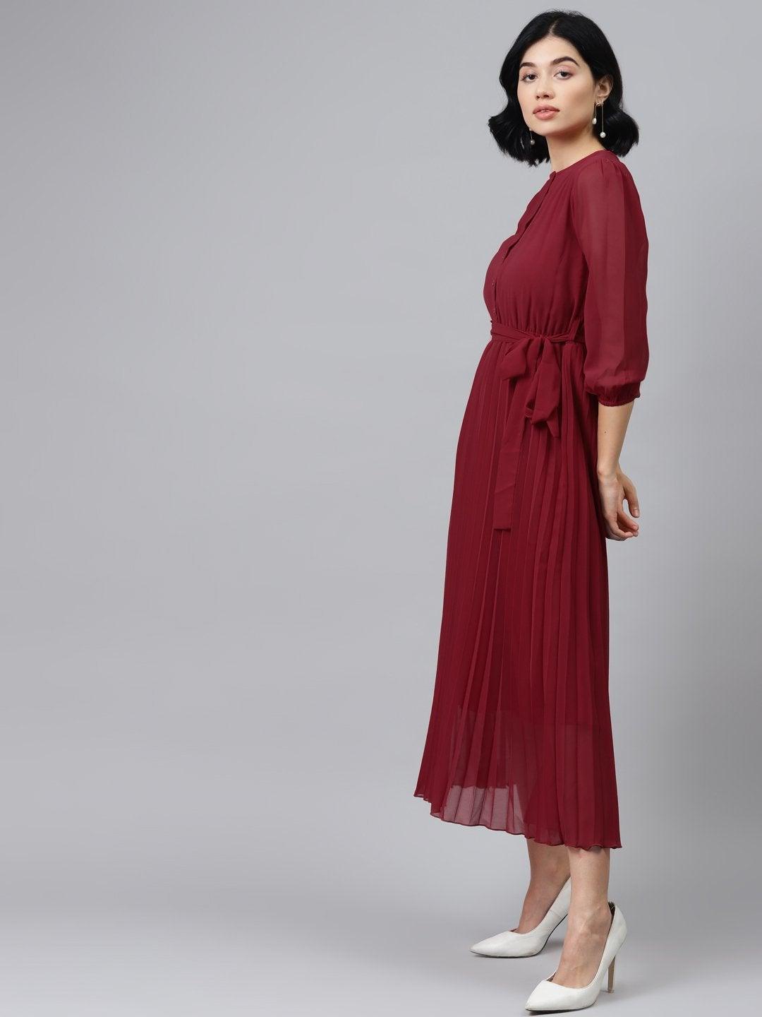 Women's Maroon Pleated Midi Dress - SASSAFRAS - Indiakreations