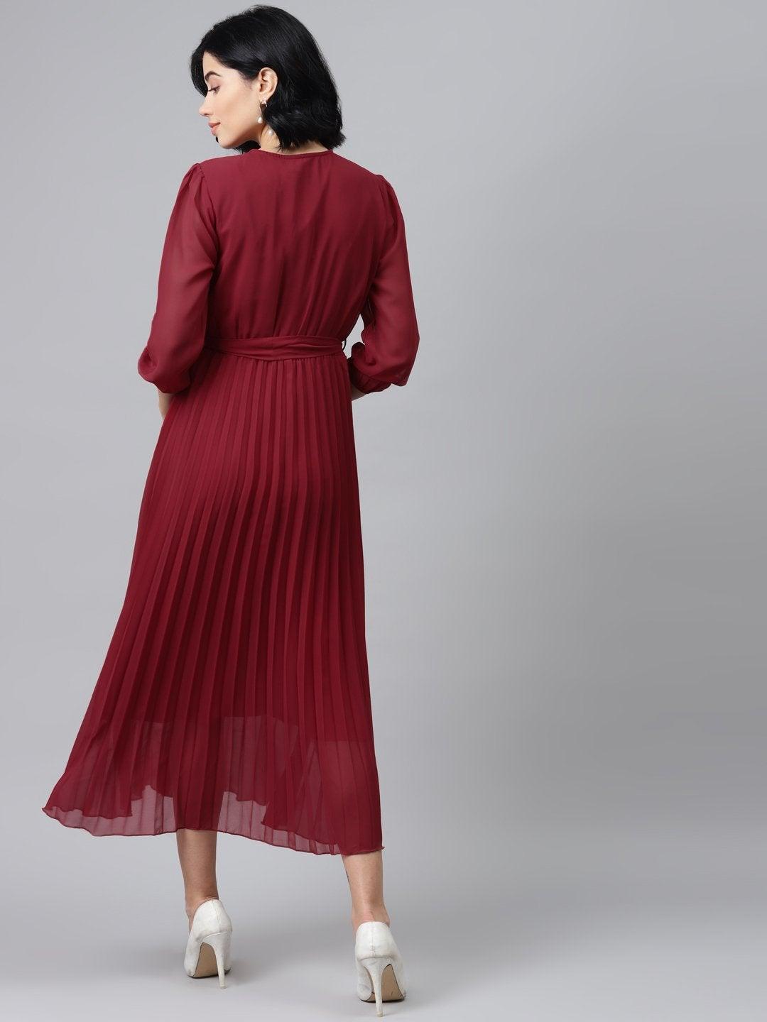 Women's Maroon Pleated Midi Dress - SASSAFRAS - Indiakreations