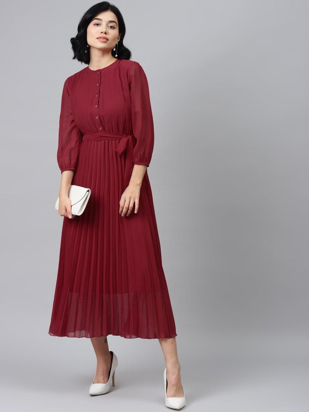 Women's Maroon Pleated Midi Dress - SASSAFRAS - Indiakreations