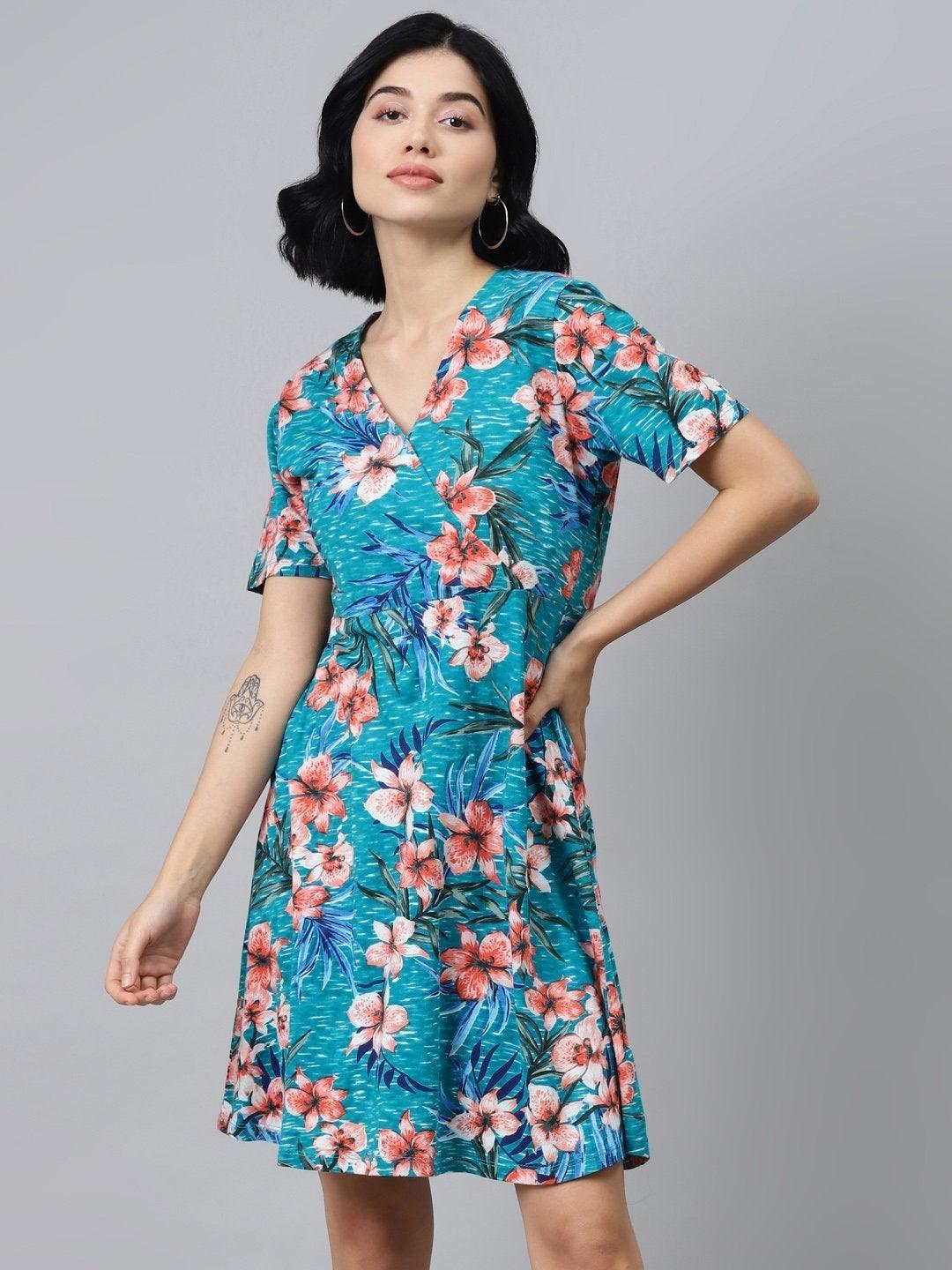 Women's Blue Floral Wrap Skater Jersey Dress - SASSAFRAS - Indiakreations