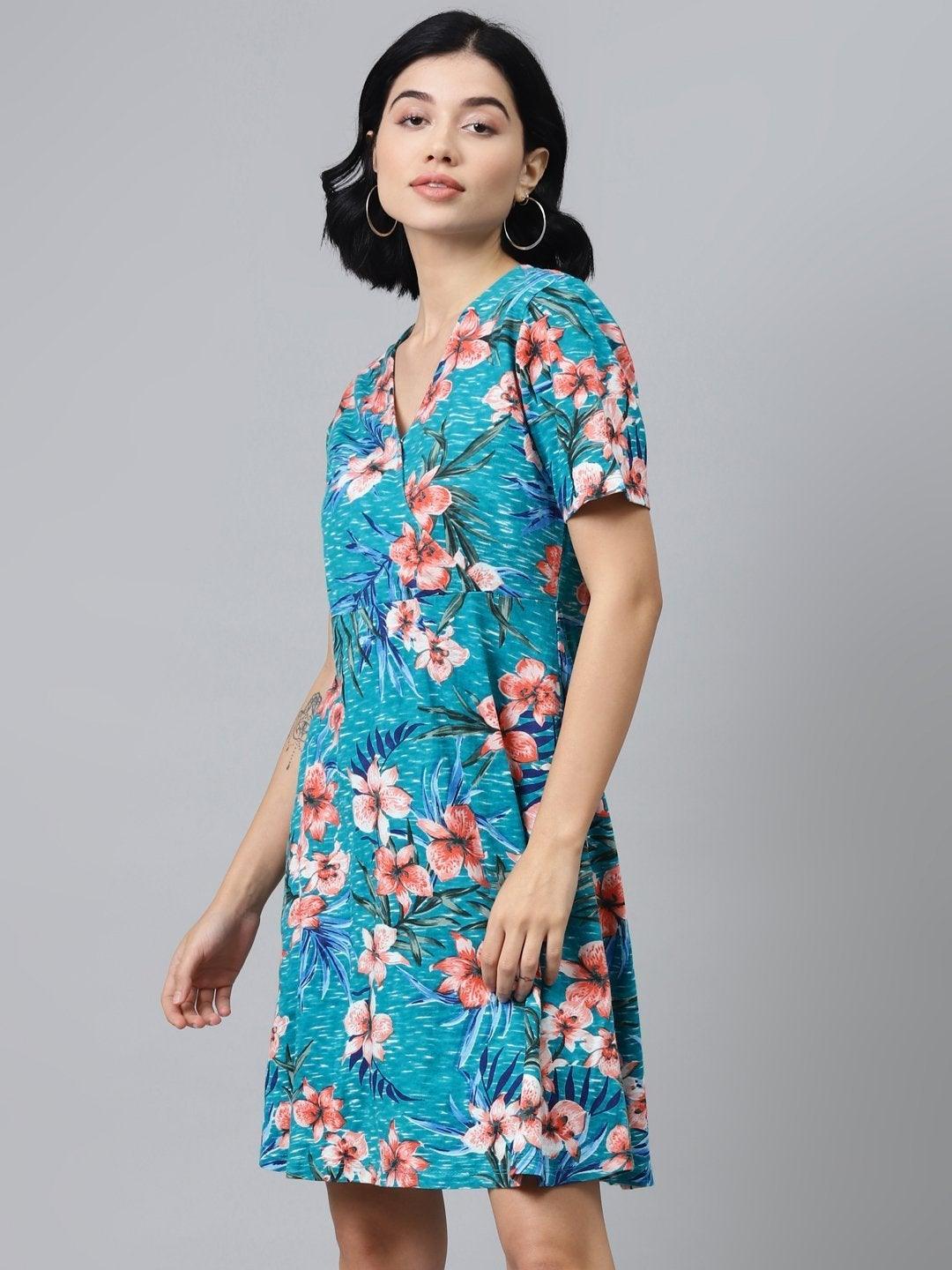 Women's Blue Floral Wrap Skater Jersey Dress - SASSAFRAS - Indiakreations