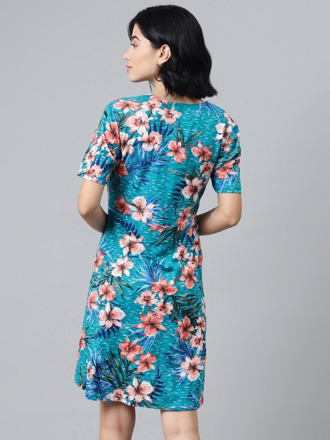 Women's Blue Floral Wrap Skater Jersey Dress - SASSAFRAS - Indiakreations