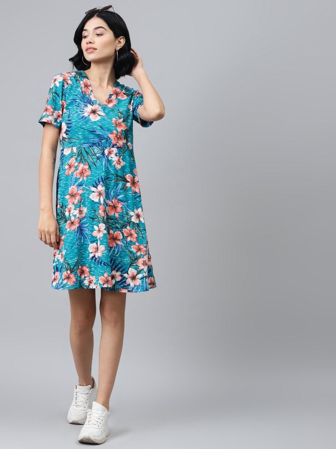 Women's Blue Floral Wrap Skater Jersey Dress - SASSAFRAS - Indiakreations