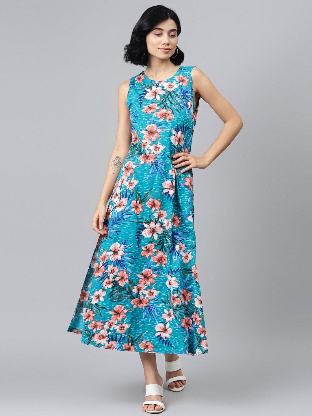 Women's Blue Floral Sleeveless Jersey Maxi Dress - SASSAFRAS - Indiakreations