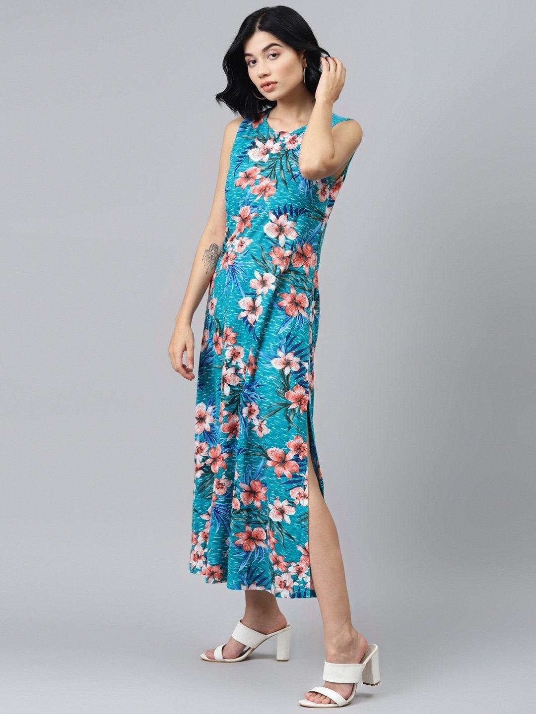 Women's Blue Floral Sleeveless Jersey Maxi Dress - SASSAFRAS - Indiakreations