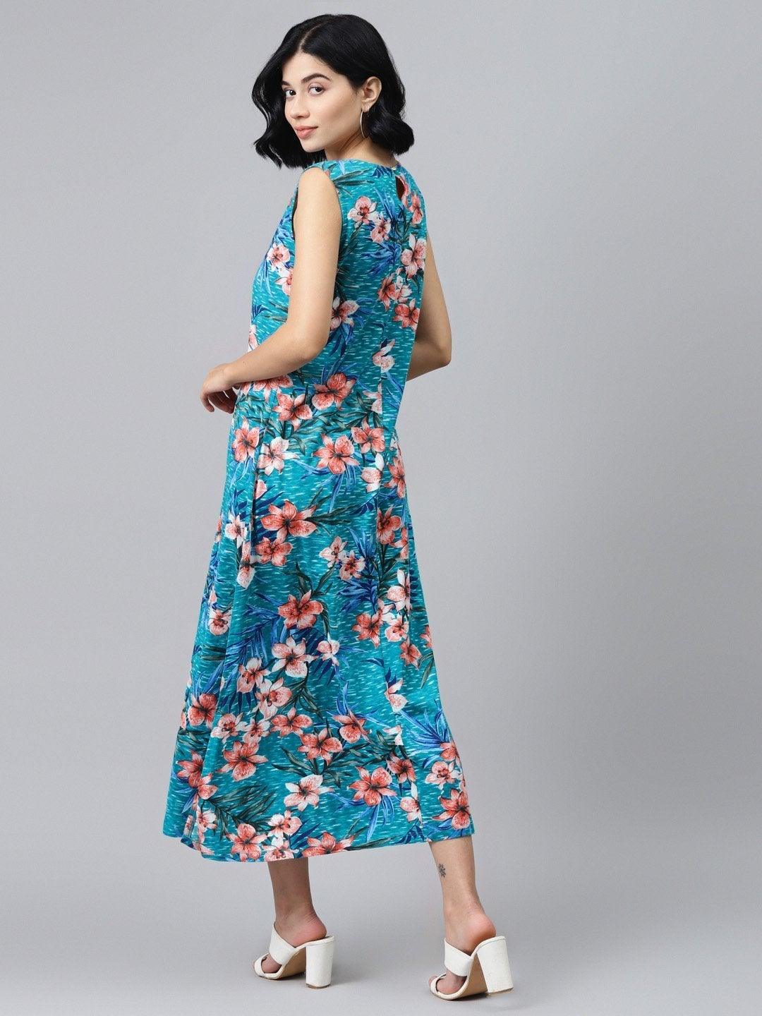 Women's Blue Floral Sleeveless Jersey Maxi Dress - SASSAFRAS - Indiakreations