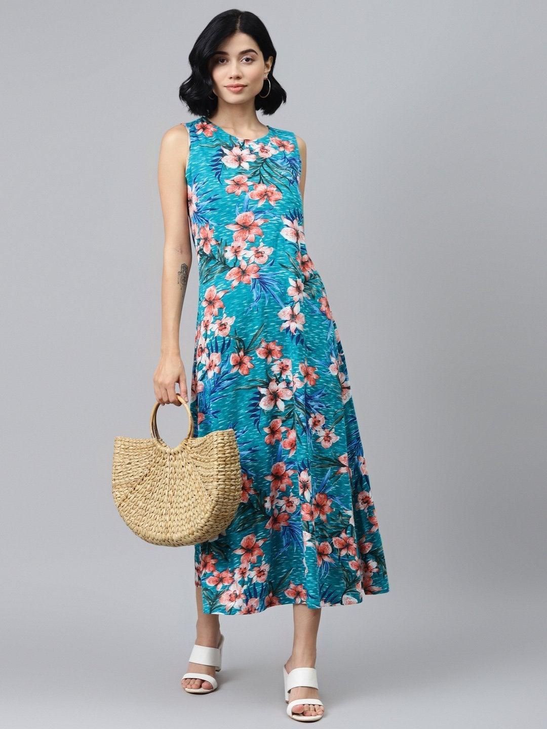 Women's Blue Floral Sleeveless Jersey Maxi Dress - SASSAFRAS - Indiakreations