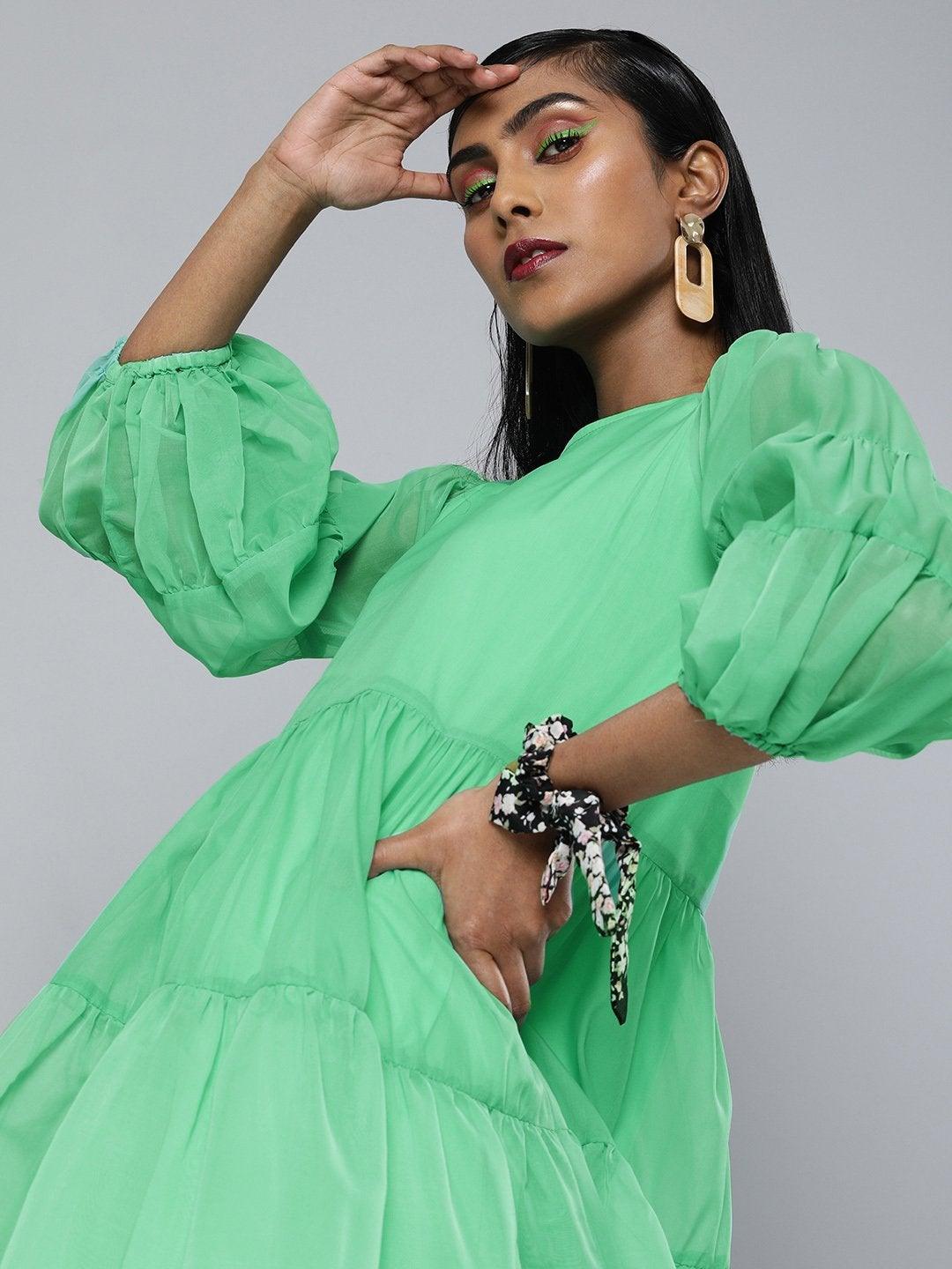 Women's Green Organza Drop Shoulder Tiered Dress - SASSAFRAS - Indiakreations