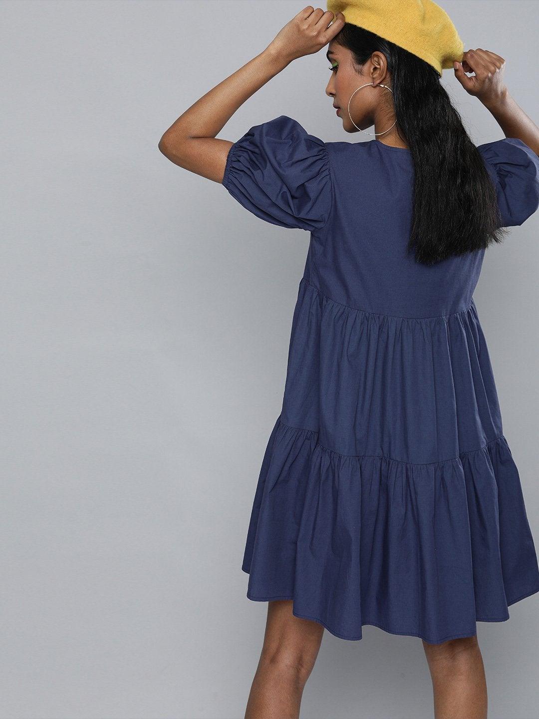 Women's Navy Embroidered Collar Tiered Dress - SASSAFRAS - Indiakreations