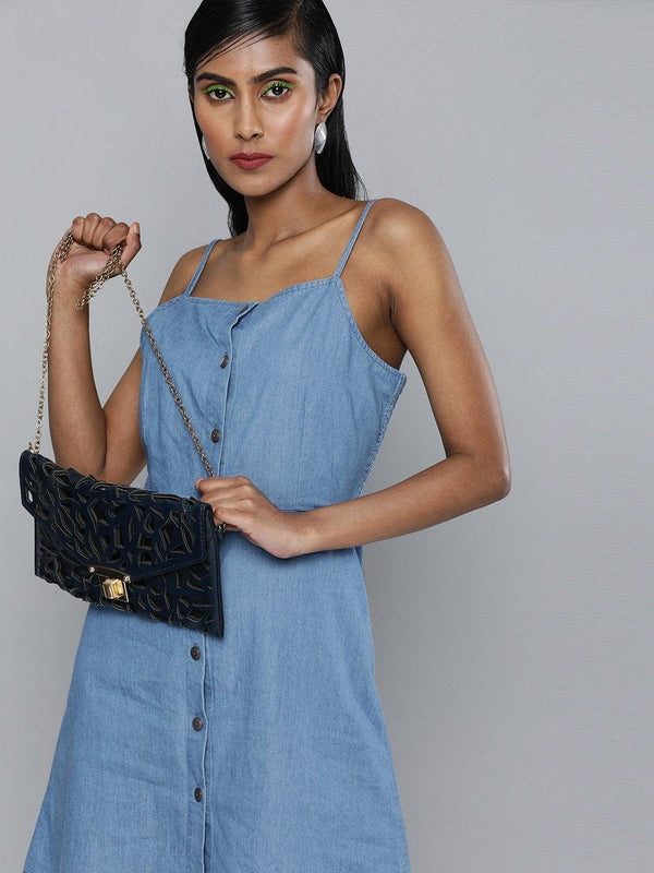 Women's Blue Denim Strappy Front Button Dress - SASSAFRAS - Indiakreations