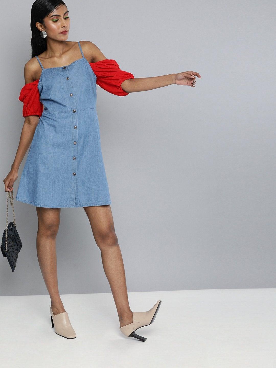 Women's Blue Denim Strappy Front Button Dress - SASSAFRAS - Indiakreations