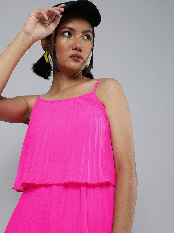 Women's Neon Pink Pleated Strappy Skater Dress - SASSAFRAS - Indiakreations