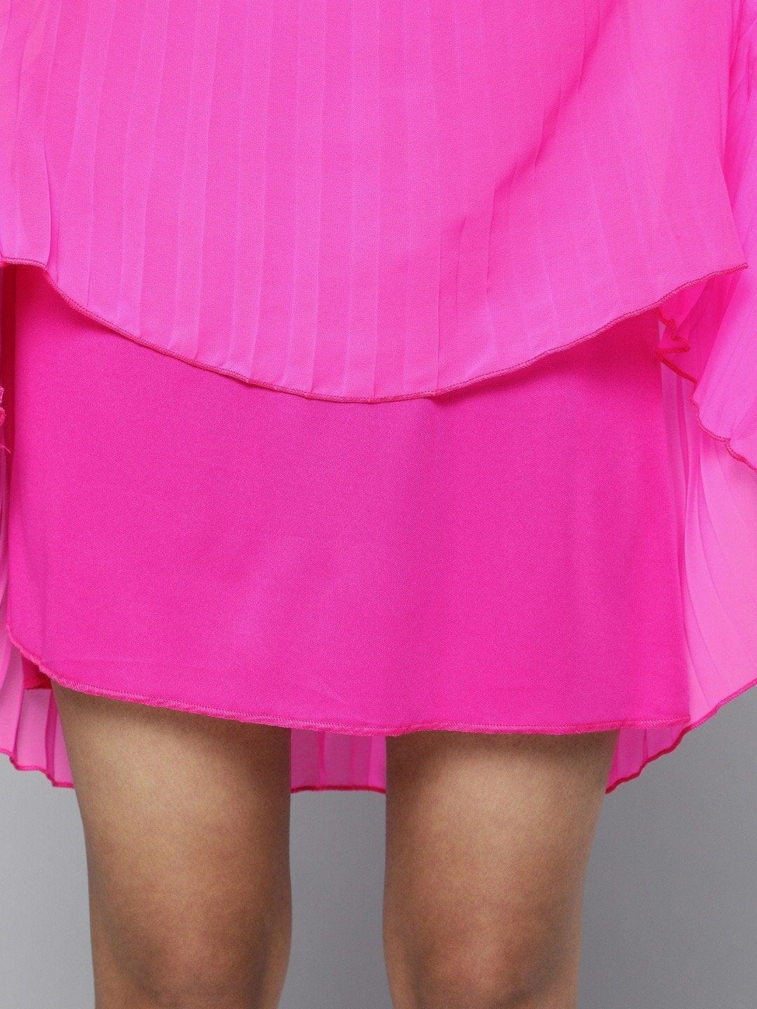 Women's Neon Pink Pleated Strappy Skater Dress - SASSAFRAS - Indiakreations