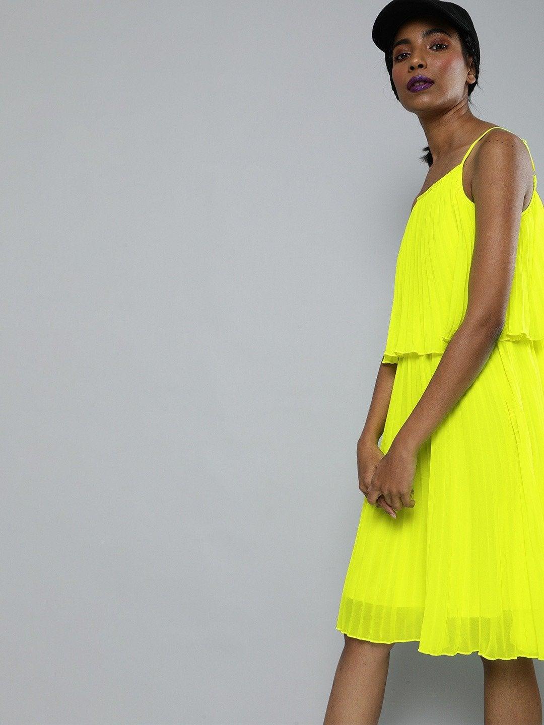 Women's Neon Green Pleated Strappy Skater Dress - SASSAFRAS - Indiakreations