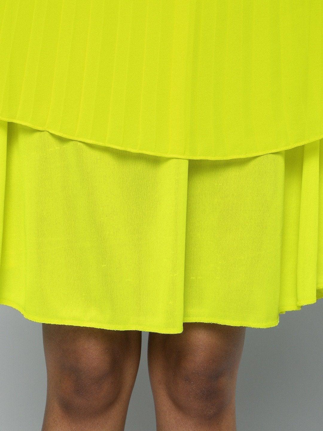 Women's Neon Green Pleated Strappy Skater Dress - SASSAFRAS - Indiakreations